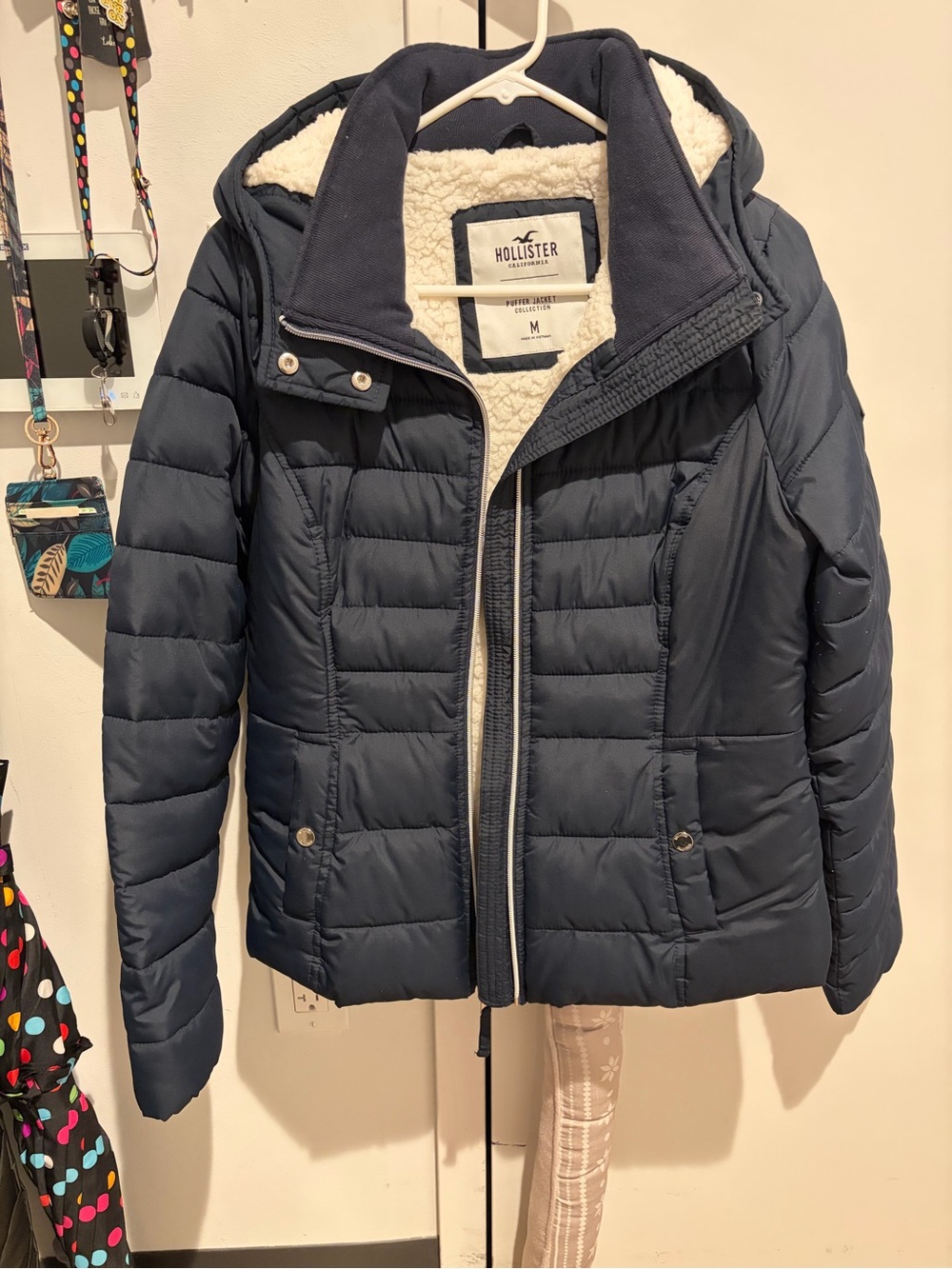 Hollister Navy Quilted Sherpa-Trim Hooded Puffer Jacket